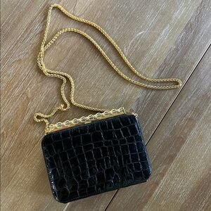 Vintage Rodo Black Italian Leather Crossbody Clutch Bag Gold Chain Box Shape